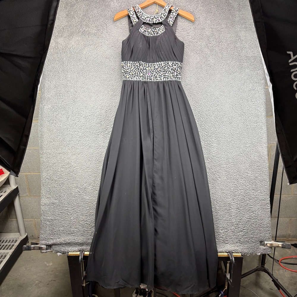 Black Chiffon Rhinestone Embellished Halter Neck Formal Evening Gown Maxi Dress
